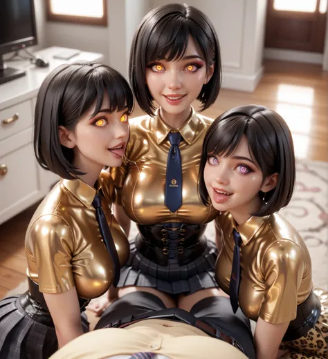 3 girls, In extremely tight shiny golden latex polo shirt , bob cut,  black hair , Lens reflection,  reflecting light ,  high resolution ,  masterpiece,  are in the apartment and sitting at the TV, startled, glowing eyes, smile, saliva, salivafluss, saliva...