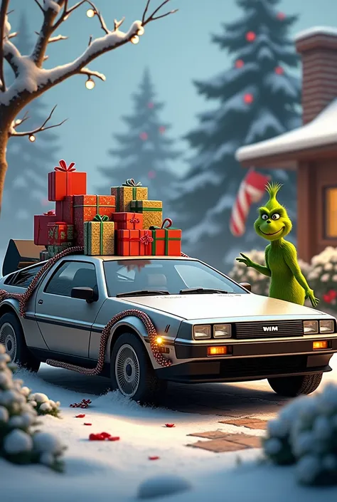 Delorean z prezentami światecznymi i grinch