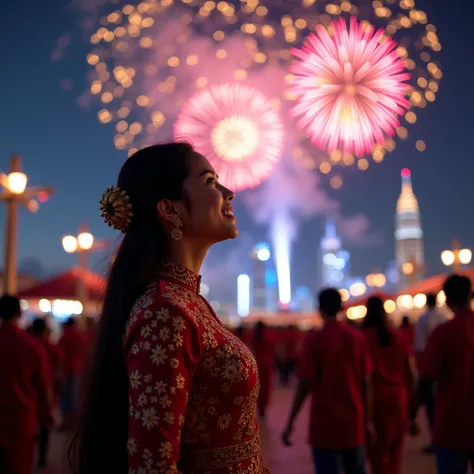 a beautiful night in malaysia, fireworks exploding in the night sky, a crowd of people watching the celebration, 1girl in traditional malaysian dress smiling and looking up at the fireworks, highly detailed intricate pattern on the dress, sparkling lights ...