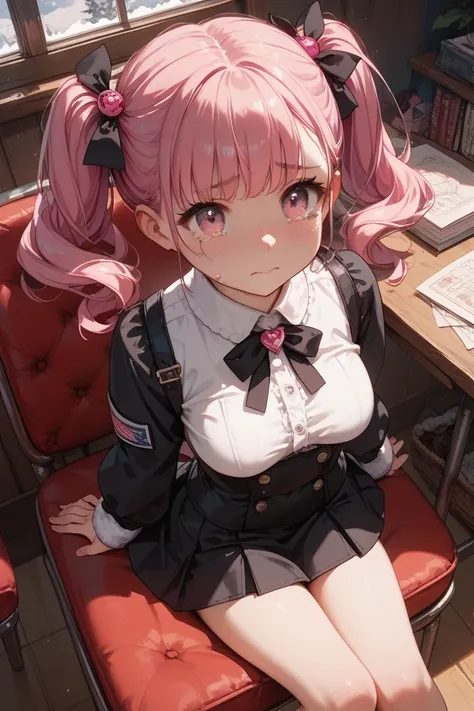 score_9, score_8_up, score_7_up,source_anime,anatomically correct, 1 cute girl, pink hair, twintail, black ribbon, medium breasts, black onepiece,mini skirt, pink eyes、Teary-eyed、Winter riverbed、Sit in a chair.shed tears.from above