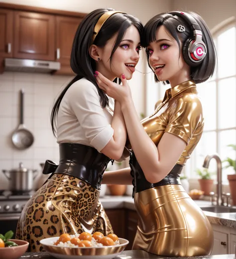 Mother and young daughter in extremely tight shiny golden latex polo shirt with long tight skirt, corset,  pot-cut black hair  , saliva, salivafluss, Spiral eyes, salivaspur, Lens reflection,   reflective light  ,   high resolution ,   masterpiece,  Are in...