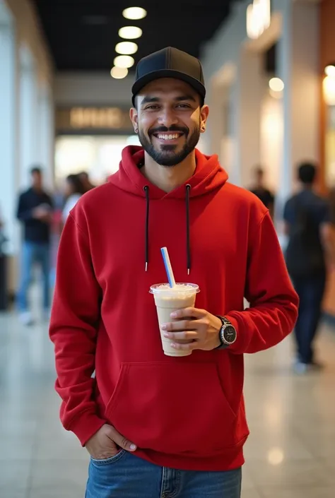  a indonesian man wearing a black snapback hat wearing a red hoodie,  blue jeans , grey sport shoes, mans hand holding a milk tea cup , smiling face,staring into the camera ,  background atmosphere in mall , photography, ultra HD, very sharp, closed mouth,...