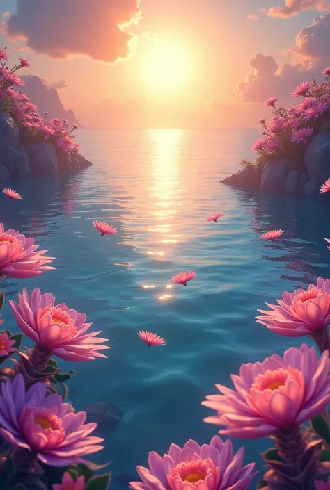 Picture of the sea with the sun filled with terate flowers