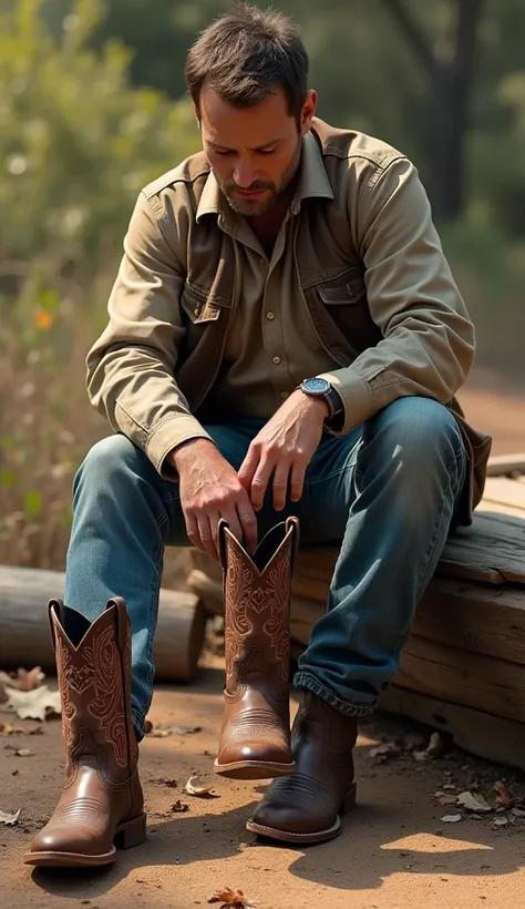 "A man is sitting on a weathered wooden bench outdoors, one foot already wearing a finely crafted cowboy boot with intricate stitching and textured leather. The other boot is in his hand, as he leans slightly forward, preparing to put it on. He’s dressed i...