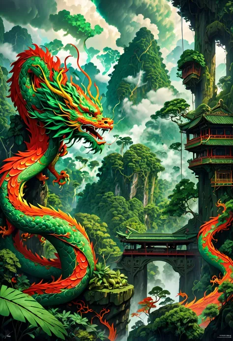 (The main subject: wide wide shot), The flame  green, [Multicolored,(Chinese dragon anthropomorphism)], safe,dramatic clouds,(Go deep into the rainforest), Rich details​, (Wide sky), (sense of vastness),Energy and vitality, Complicated details.(Best qualit...