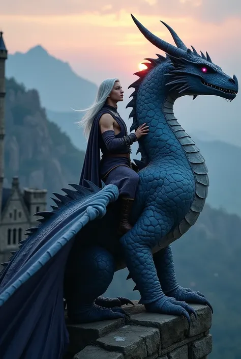 Crea una imgen realista 8K,  HIGH QUALITY, high detail ,  type photograph , with high definition . Vemos en el castillo de rocadragon de  Game of Thrones. Un elegant y gran dragon azul,  with pink eyes .  Above a pretty young boy , 19 years old,  long silv...