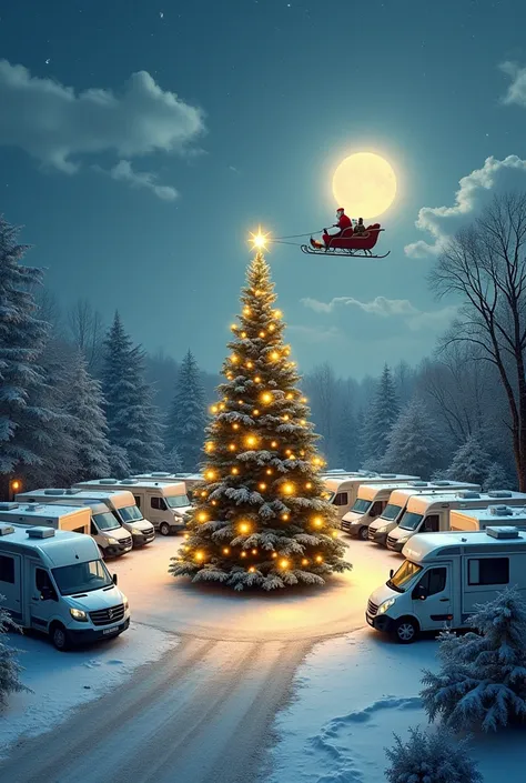   I need a Christmas card  , in a motorhome area  ,   with a Christmas tree surrounded by motorhomes and Santa Claus flying over the area .  I want the motorhome area to be rectangular with a gravel floor and 49 motorhomes,  with the Christmas tree in the ...