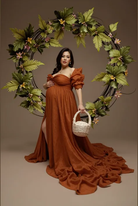 pregnant woman in a brown dress holding a basket of flowers, an album cover inspired by reyna rochin, cg society contest winner, rococo, full body portrait shot, full body photoshoot, maternal photography 4 k, wrapped in flowers, full body photograph, awar...