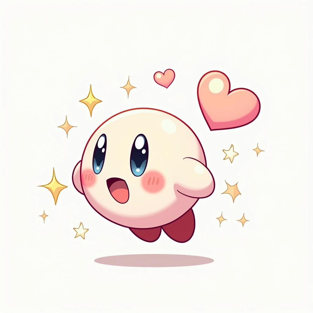 A cartoonish, pink, round character, resembling Kirby, is centrally positioned on a white background. The character is holding a pink heart, which appears to orbit around it. The characters eyes are large, round, and a mix of a light and dark  blue, with s...