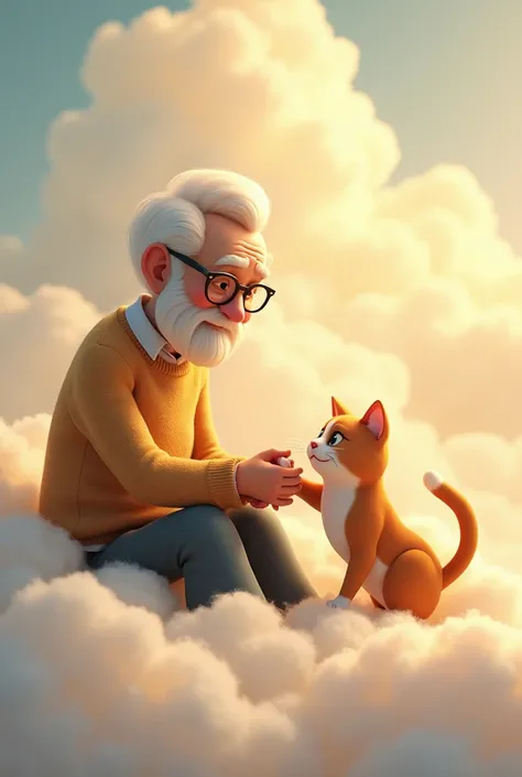 Animation of a grandpa and a cat on a cloud