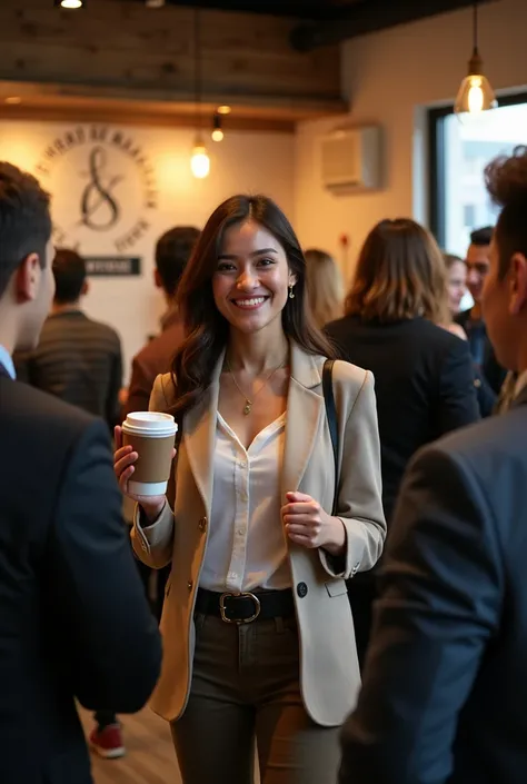 A friendly, welcoming scene at a franchise meet-up. A young woman stands in the center, smiling warmly and gesturing with one hand as if inviting someone to join. In her other hand, she holds a coffee cup, slightly raised. She’s dressed in casual but profe...