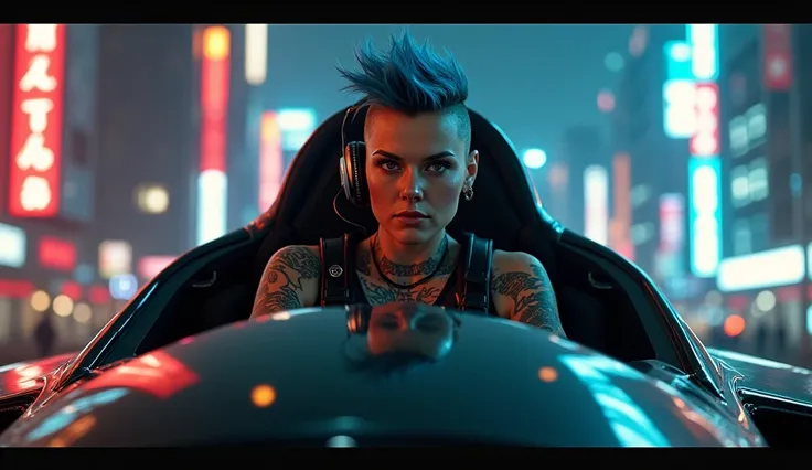 The same character, same clothes, MATURE 38 years old woman,  A PUNK pilot MATURE woman (38 years old ) is sitting in her spinner flying engine, BLUE punk short HAIR, TATOO, NIGHT, (masterpiece:1.2,Exceptional Quality,mirror-like,cinematic experience),8k,w...