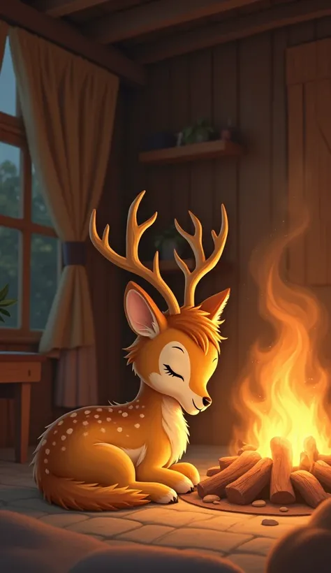 The yellow kitten and the small deer were lying together in front of a bonfire inside the house