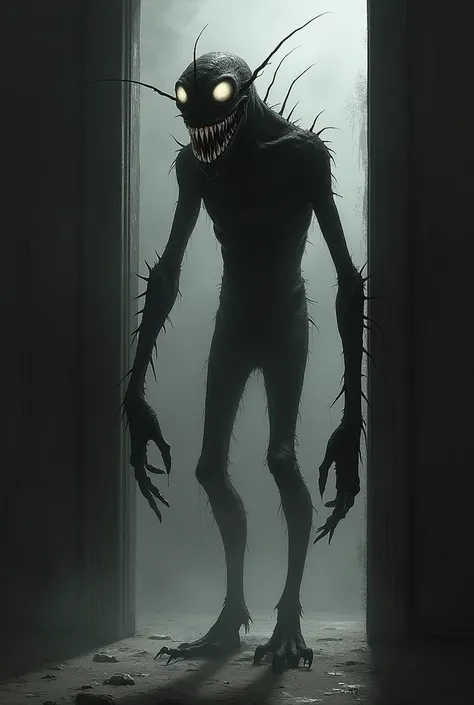 Monster black white eyes long arms and fingers long teeth stand in the door