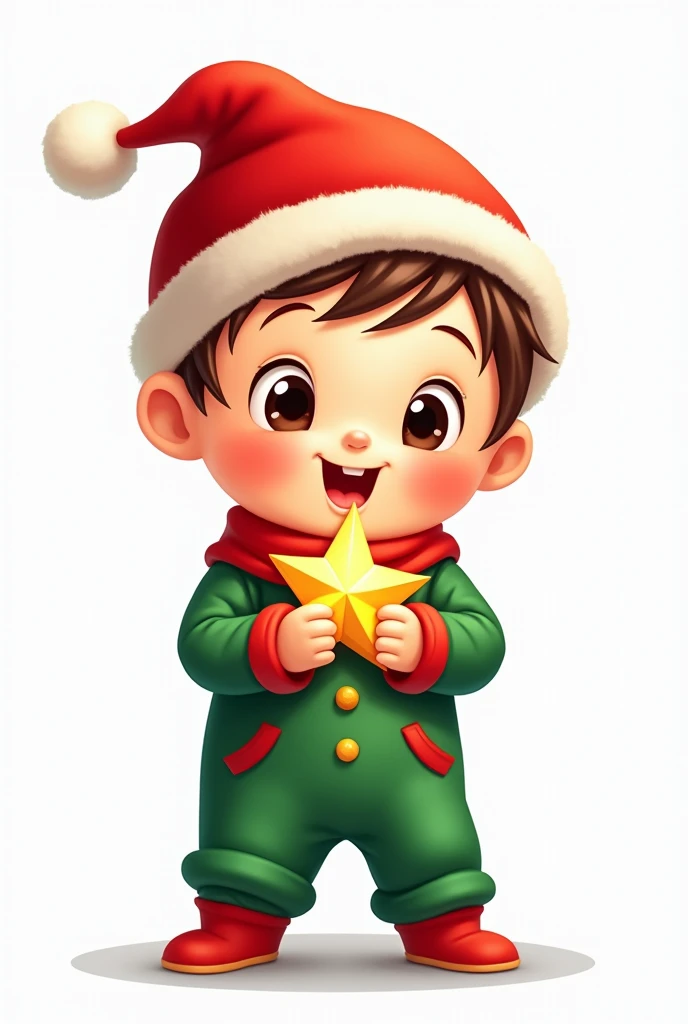 Create a baby boy , wearing a Christmas outfit in the colors green and red,  with a Santa hat on his head, holding a star in her hands,  with wavy and brown hair ,  in the cartoon style ,  with the transparent background  