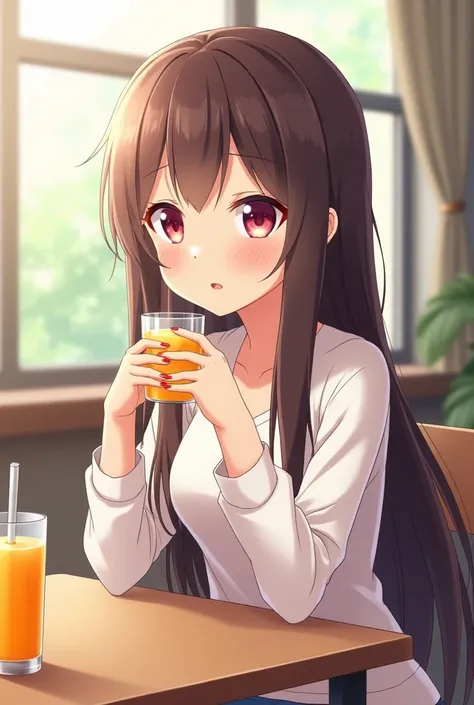 anime girl sitting at a table with a glass of orange juice, cute anime girl, anime visual of a cute girl, anime girl with long hair, attractive anime girl, pretty anime girl, young anime girl, beautiful anime girl, an anime girl, anime moe artstyle, anime ...