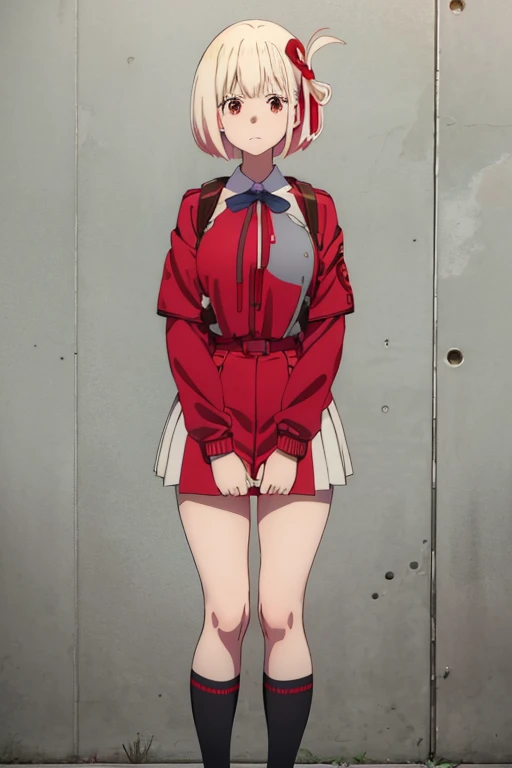   cute high school girl　Nishikigi Sensoku　 yellow shortcut hair 　Left side head red string ribbon 　uniform、 white shirt、 jacket long sleeve red gray line on left side 、 underneath jacket red miniskirt red on both sides gray　Black knee-high socks　 brown loa...