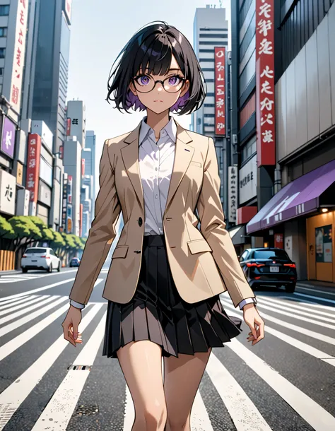 masterpiece, best quality, medium breasts, solo, (jet black hair, short hair, bob hair, purple eyes, bangs), (full body), city backdrop, Tokyo, city street, perspective, solo, solo focus, walking, beige suit jacket, glasses, white shirt, collared shirt, bl...