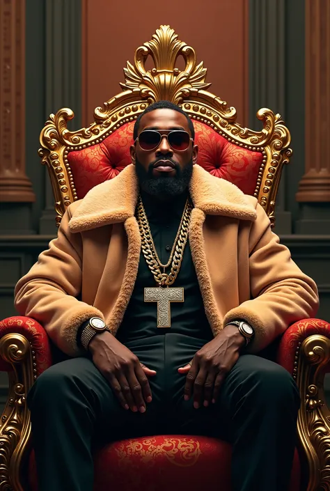 Create a cover featuring a black man dressed in American rap clothing and rich on a throne The title of the cover is rich by Nelson FG