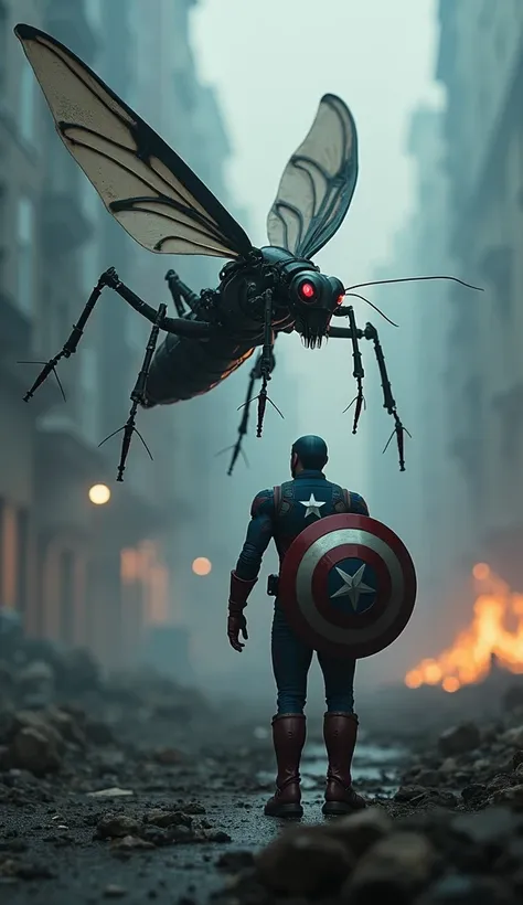 In a battlefield filled with the aftermath of an alien invasion, a mosquito humanoid robot hovers menacingly, its wings beating at high speed as its sharp, metallic limbs gleam in the dim light. A few feet away, Captain America stands firm, his shield rais...