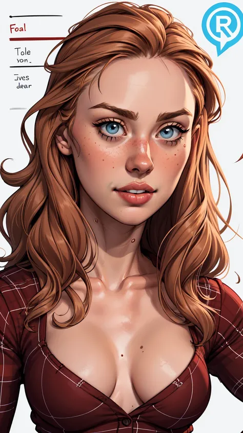 Character style illustration style Completely bare breasts showing a little fear Breast size Cartoon name: Isabella Cruz white background medium breasts freckled face Hermione Granger actress strong contours Physical description - long straight hair, tingi...