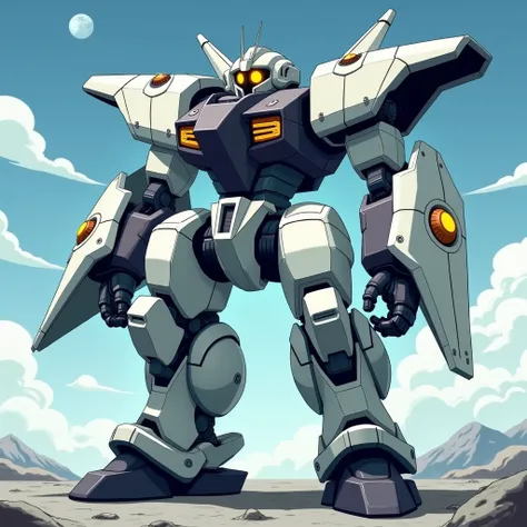 An anime style full-body shot of a large, bulky techno-organic robot/mech with a white and black exoskeleton. The robot has a white and black exoskeleton, with a white helmet and a black chest plate. The robot is standing on a moon base. The robot has jet ...