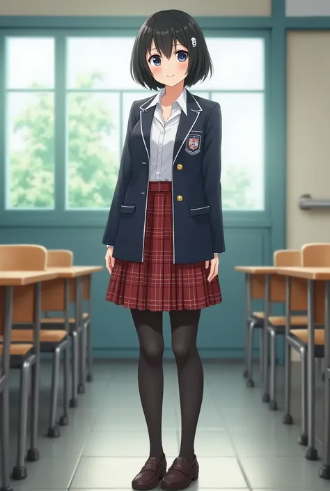  young woman、 Japanese women、Women&#39;s high school uniform、 jacket、 shirt、plaid knee-length skirt、 black tights 、 loafers without pants、 full body photo、 black hair、 hairstyle shortcut、smile、The background is the classroom

