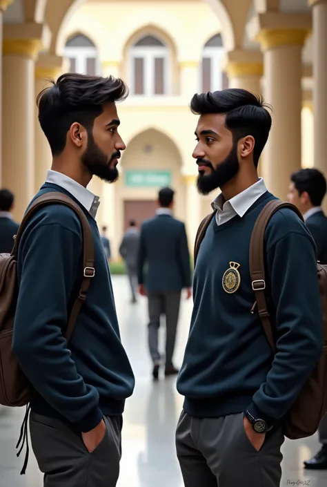 Two Muslim male students in uniform were having a conversation