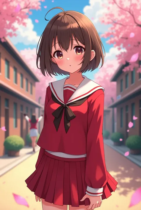 cute highschool girl with short brown hair and japanese uniform but colored red