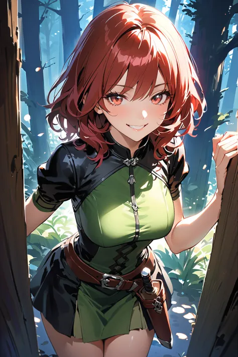 1 girl, (cute face), teenager, short wavy hair, (curious gaze), large breasts, fit, (wearing a fantasy rogue outfit:1.2), leather tunic, knee-length skirt, (dagger in hand), 
BREAK 
moonlit forest, vibrant flowers, (sneaking through the shadows:1.2), (play...