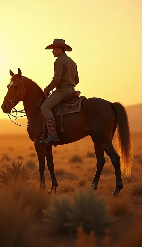 "A lone cowboy sits confidently atop a strong, majestic horse in the middle of a vast open field, with the golden hues of a setting sun casting a warm glow over the scene. The cowboy, dressed in traditional rugged attire, holds the reins loosely as the hor...