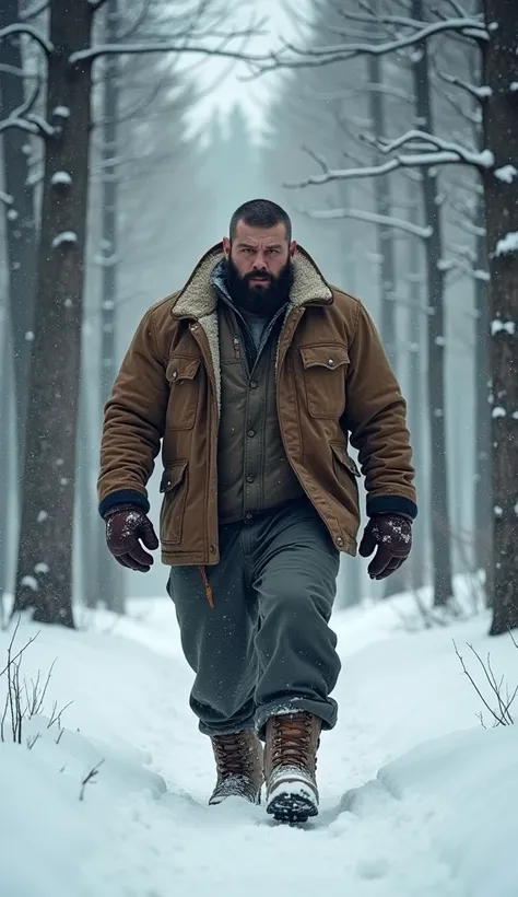 Realistic Photo Of A Burly Muscular Man Walking In The Middle Of A Snowforest