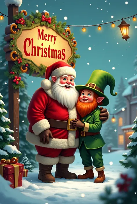 Santa Claus and a leprechaun and the sign that says Merry Christmas 