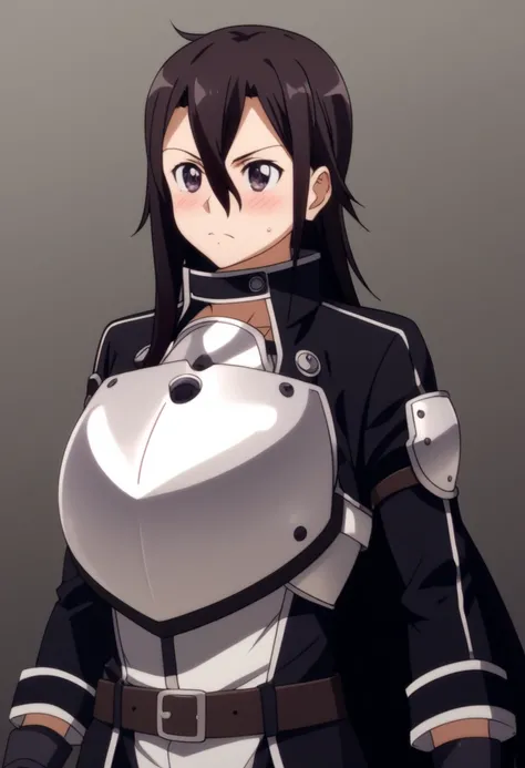 kazuto kirigaya, long hair, black hair, male focus, black eyes, otoko no ko, androgynous, hair between eyes, gloves, armor, breastplate, belt, long sleeves, black jacket, Gigantic breasts breast enlargement full-body shot blush 微笑 看著鏡頭