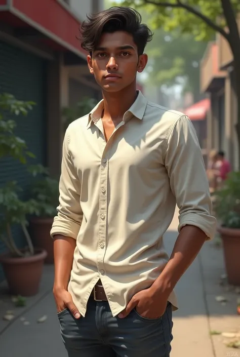 21 year old skinny Indian boy with fair skin, wearing full sleeve shirt and casual pant. 