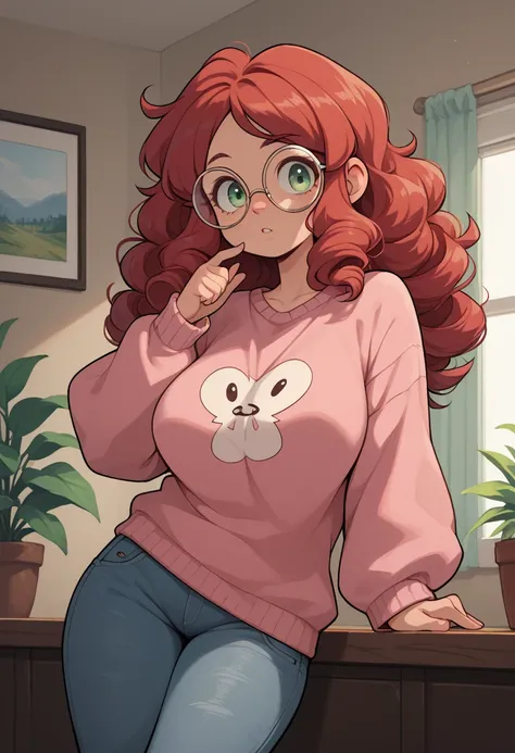 Solo, young girl, red hair, curly hair, long hair, green eyes, oversized breasts, round glasses, denim jeans, tight pink sweater, indoors