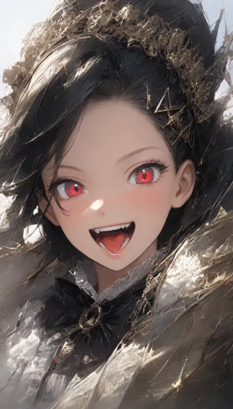 woman((Blood:1.2),,青whiteい肌,( wicked smile:1.3),  open your mouth,  keen teeth,hair(black, ponytail,  Details,Sparkling),hairclip(black), Close (,black,white, Lolita Fashion ), skirt(black, short),Tea Belt,Corners of the Eyes(light blue),(Narrow eyes( grey...