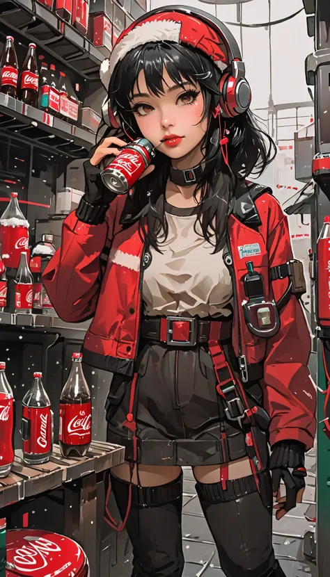 from the front、 Zoom Up 、sketch、KAWABI SAI、 upper body、 girl、 headphones、 looks up、 cyberpunk、 helmet 、 Santa cosplay 、 Christmas、Holding a Coca-Cola bottle