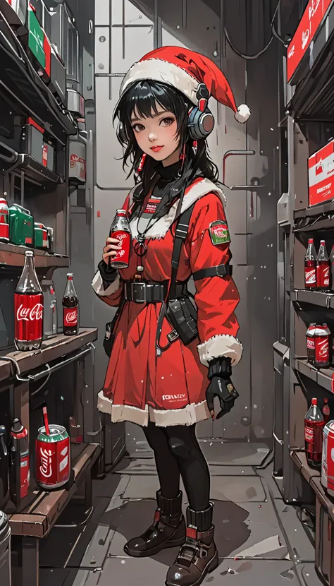 from the front、 Zoom Up 、sketch、KAWABI SAI、 upper body、 girl、 headphones、 looks up、 cyberpunk、 helmet 、 Santa cosplay 、 Christmas、Holding a Coca-Cola bottle