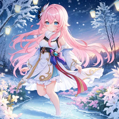 best quality, 4K wallpaper, masterpiece, extremely detailed CG unity 8k wallpaper,((Extremely detailed eyes)), ultra-detailed, intricate details,(Genshin impact lumine), hair between eyes, long hair, pink hair, (light blue eyes:1.1), eventide, mostly cloud...