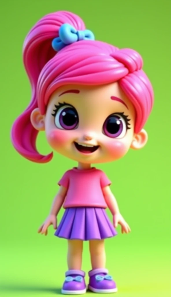 Create a 3D-style cartoon character of a small girl with bright pink hair styled in a side ponytail with a blue hair clip. The girl is wearing a pink shirt, a purple skirt, and matching purple shoes. She has large, expressive black eyes and a cheerful expr...