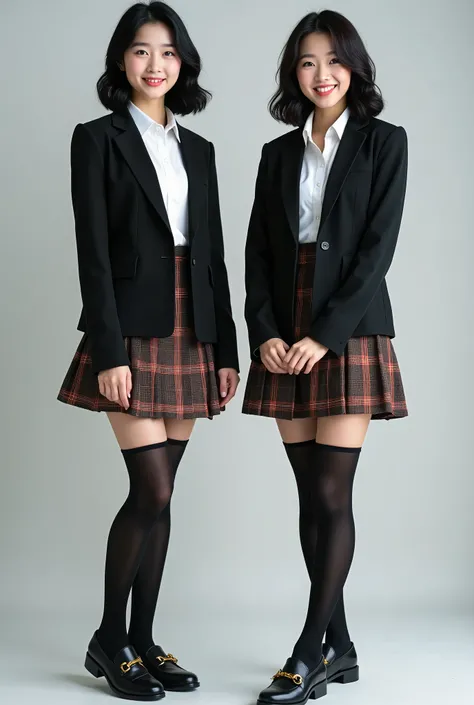 beautiful Korean women with good ratios、 black hair、 Hairstyle shortcuts、Wavy hair、、Women&#39;s high school uniform、 jacket、 shirt、plaid knee-length skirt、 black tights 、 loafers without pants、smile、 beautiful alignment of teeth、 、 full body photo、 Neutral...