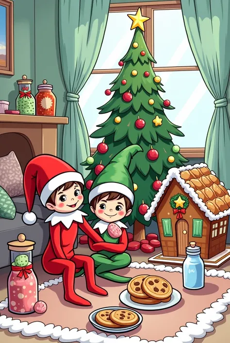 Make coloring book pages with 2  elf on the shelf sitting under christmas tree with  beautiful gingerbread house cookie jar and two cute christmas watter bottles eating cookies