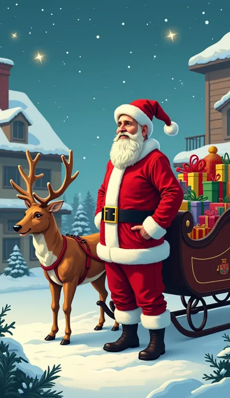 Messi in Santa Claus with his reindeer sleigh placing gift at the front of house 