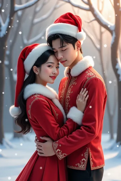 There is a couple of lovers ,  a beautiful Korean woman in a Christmas costume ,hat 🎅, leaning on the shoulders of a handsome Korean man wearing a Bhan batik blouse ,black pants, hat santa, facing the camera soft smile . on the background of trees with thi...