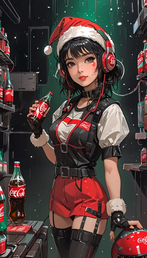 from the front、Face Zoom In 、sketch、KAWABI SAI、 upper body、 girl、 headphones、 looks up、 cyberpunk、 helmet 、 Santa cosplay 、 Christmas、Holding a Coca-Cola bottle