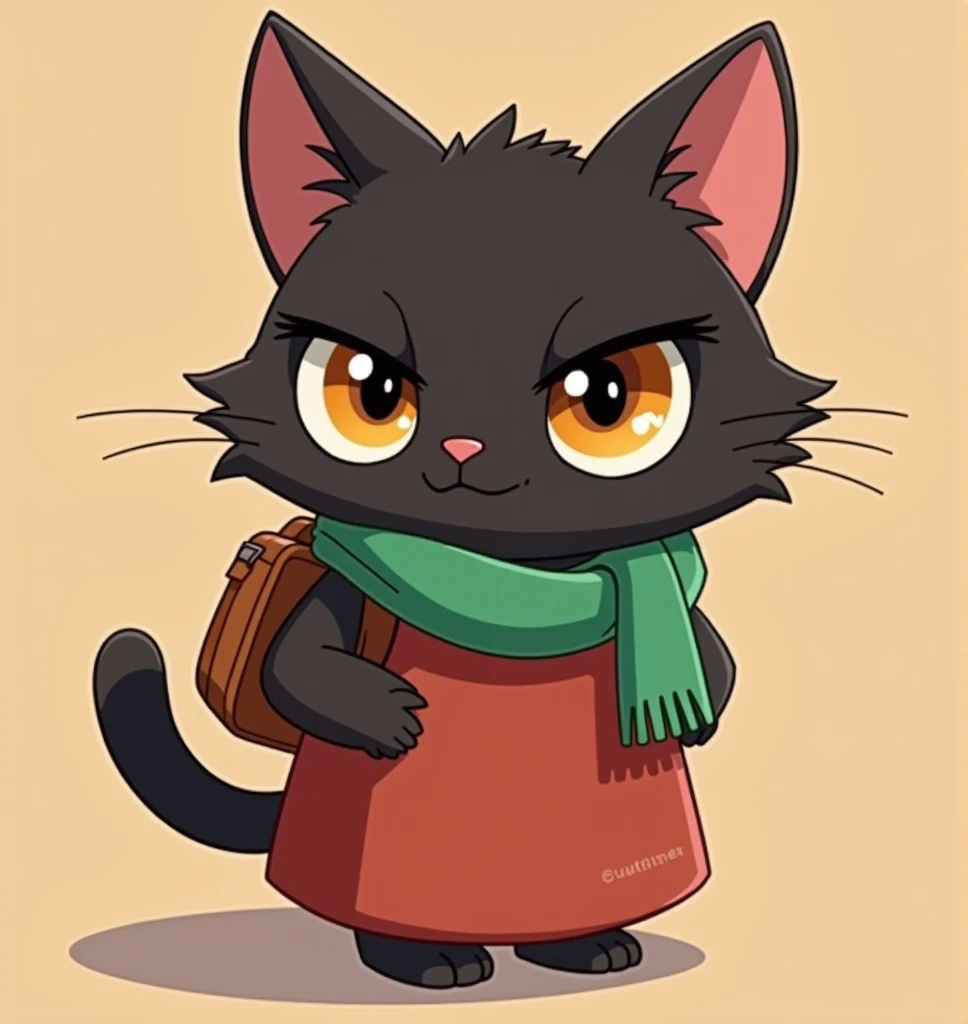  Fluffy ,  A dark brown male cat with colored eyes has a serious front color throughout.,, dress in a reddish-brown dress , , except for white pants , 90s style, , wear a coat on the back ,, put on a shoulder bag, which is a leather bag. ,Put on a green sc...