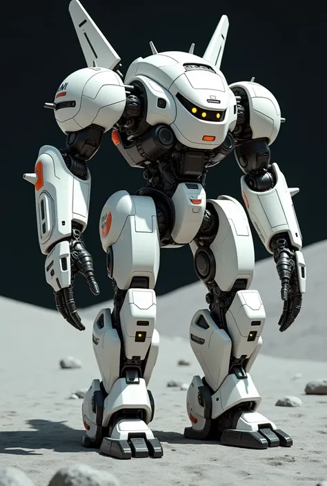 A full-body shot of a large, bulky techno-organic robot/mech with a white and black exoskeleton. The robot has a white and black exoskeleton, with a white helmet and a black chest plate. The robot is standing on a moon base. The robot has jet thrusters fin...