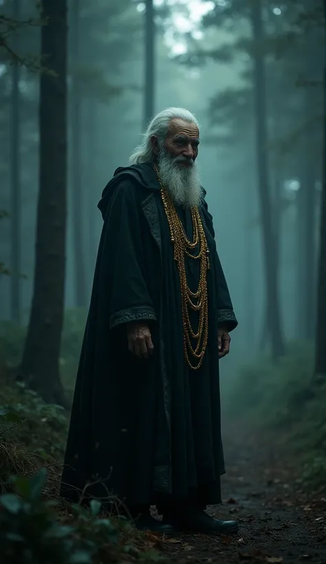 The old man suddenly reappears at the edge of the clearing, standing tall and motionless. His expression is calm yet unsettling, with a faint smile playing on his lips. His gold chains and rings seem to glow faintly in the dim light. The forest behind him ...