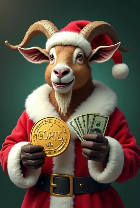 A rich muscular goat with dollars in his right hand and a coin that has "GOATS" inscribed on it , the big coin is in the rich goat left hand. The goat is wearing Santa Clause clothes and cap. The goat is smiling